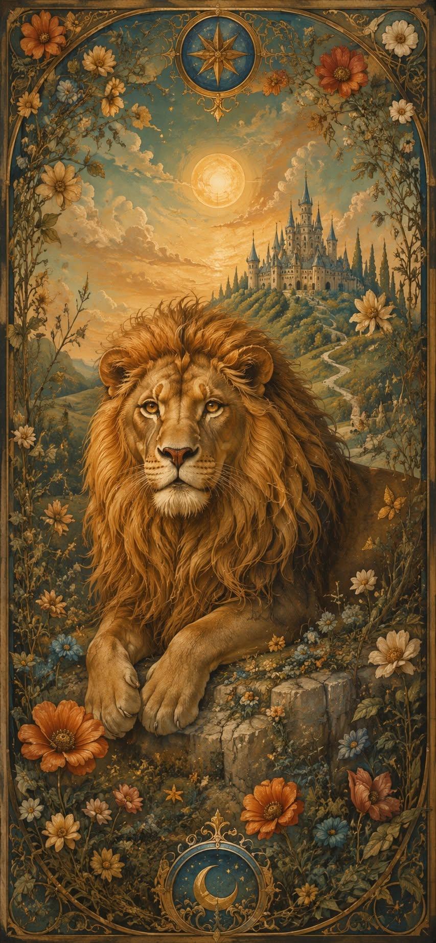 Majestic Lion Castle Fantasy Wallpaper