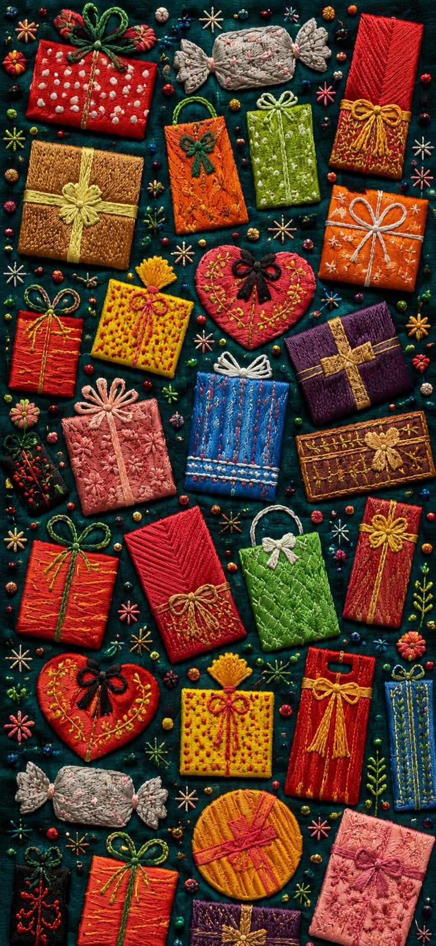 Embroidered Christmas Gifts Holiday Wallpaper