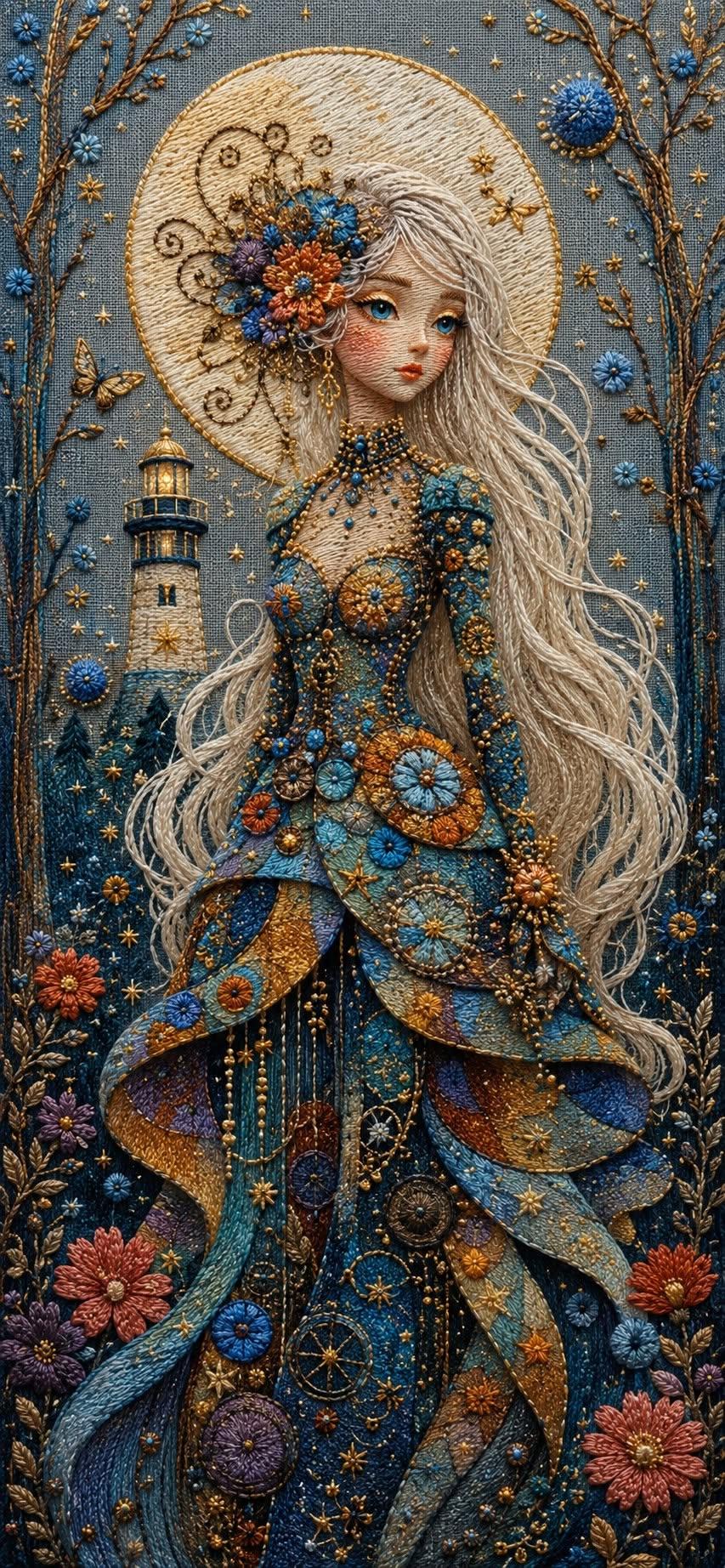 Embroidered Celestial Goddess Lighthouse Wallpaper