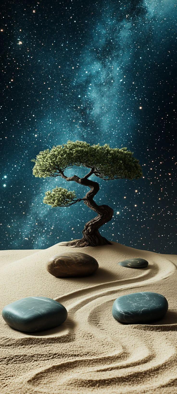 Cosmic Zen Garden with Bonsai Tree Wallpaper