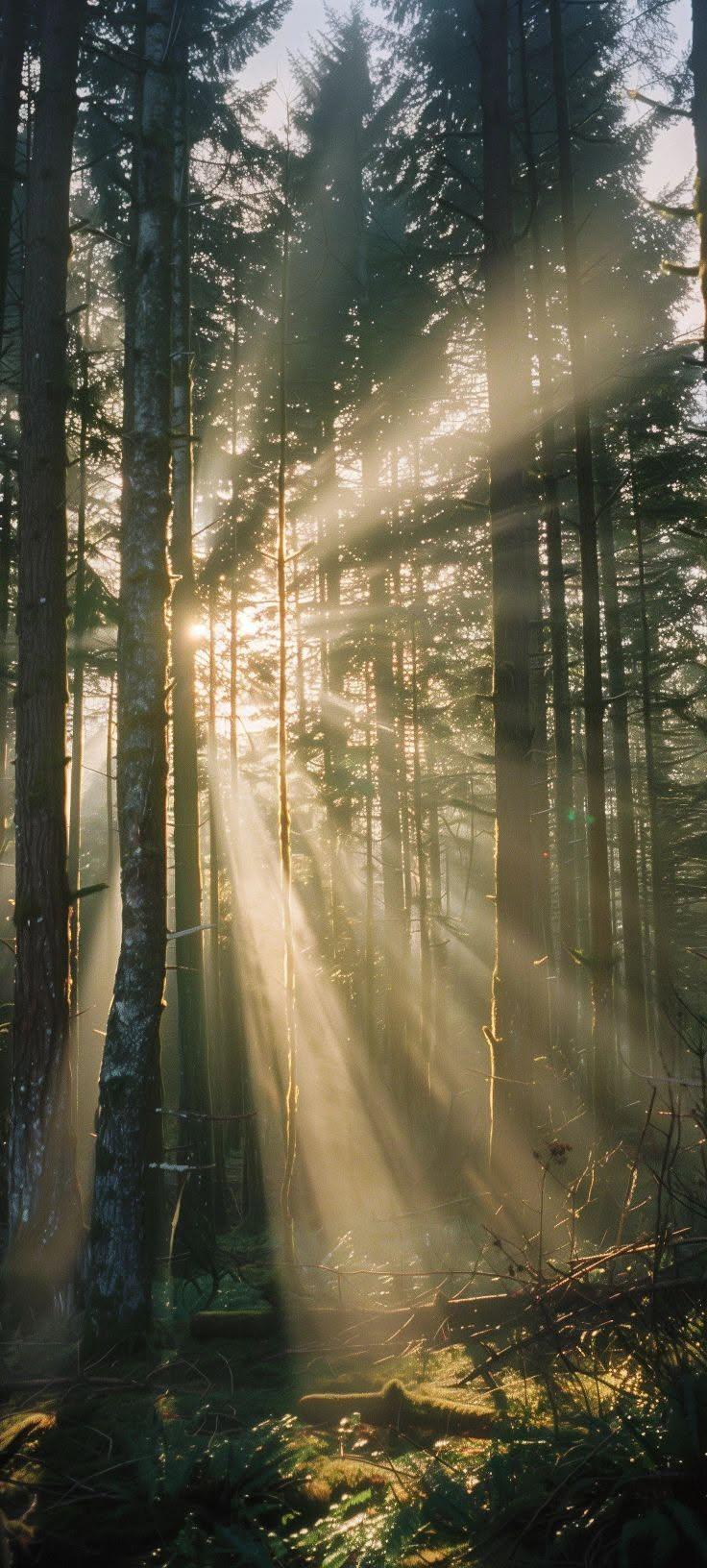 Sunbeams Piercing Misty Forest Canopy Wallpaper