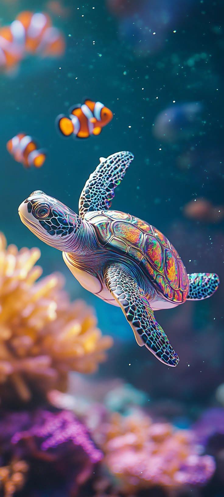 Vibrant Rainbow Sea Turtle Underwater Wallpaper