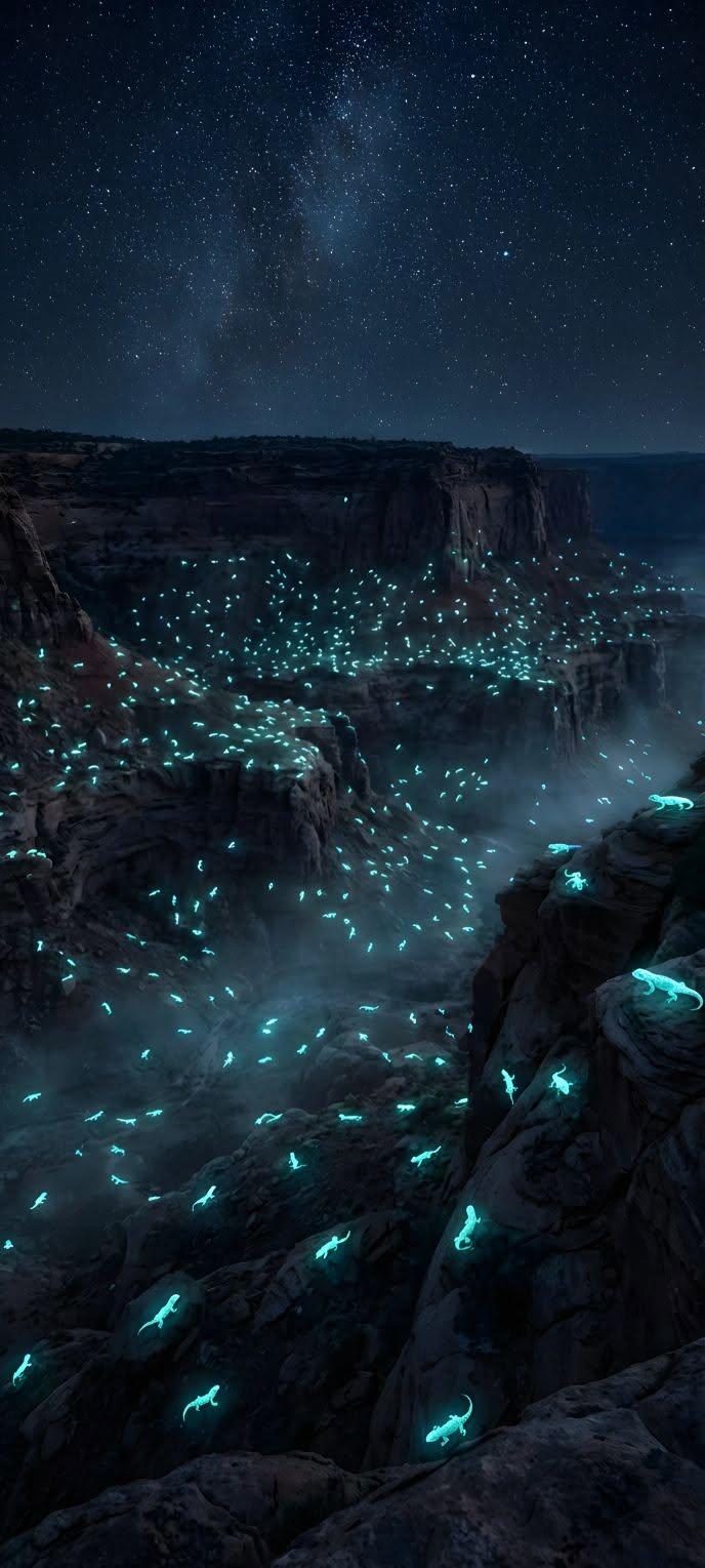 Bioluminescent Lizards in Cosmic Desert Canyon Wallpaper