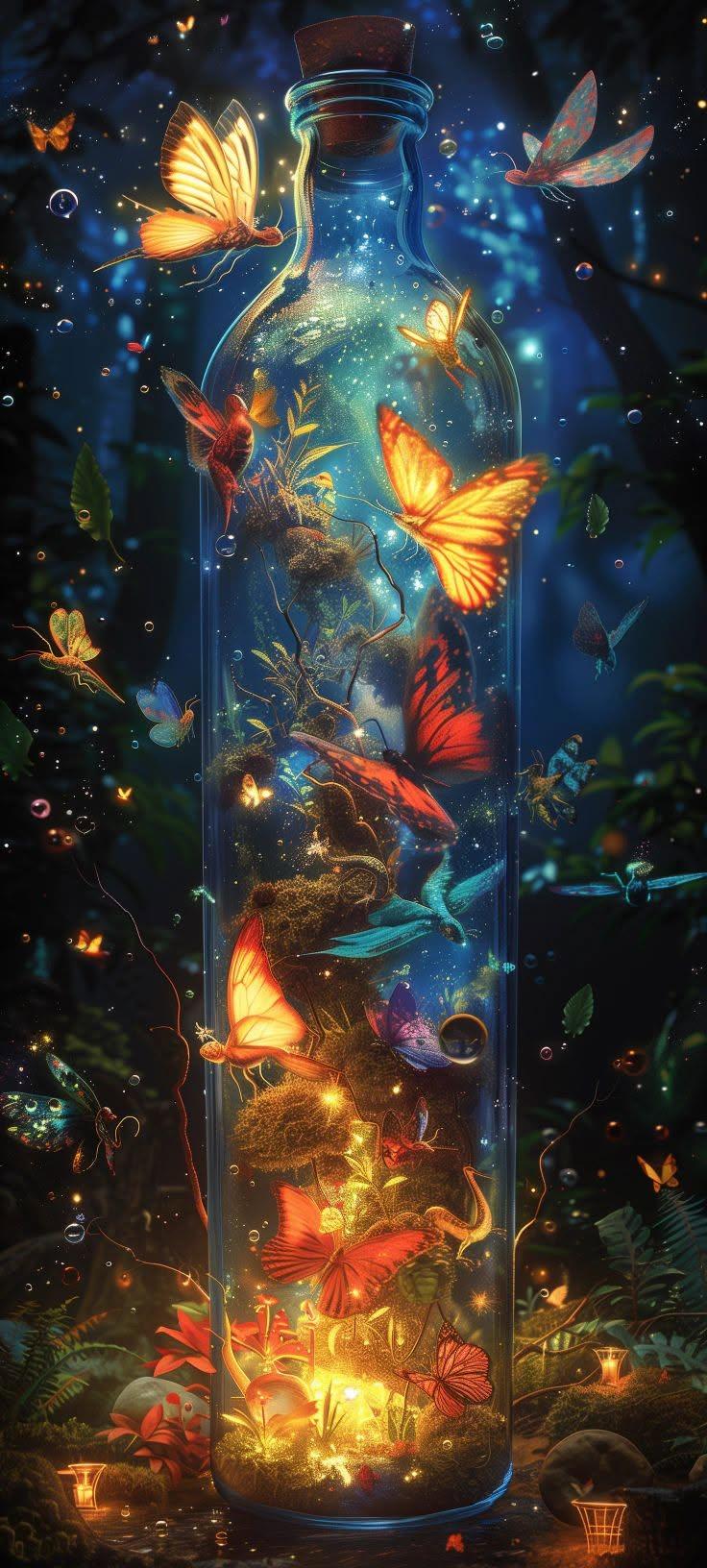 Magical Terrarium Bottle with Glowing Butterflies Wallpaper