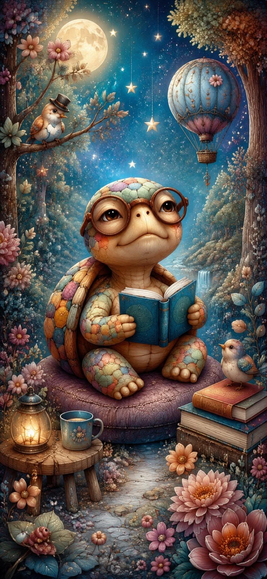 Whimsical Reading Turtle Wallpaper