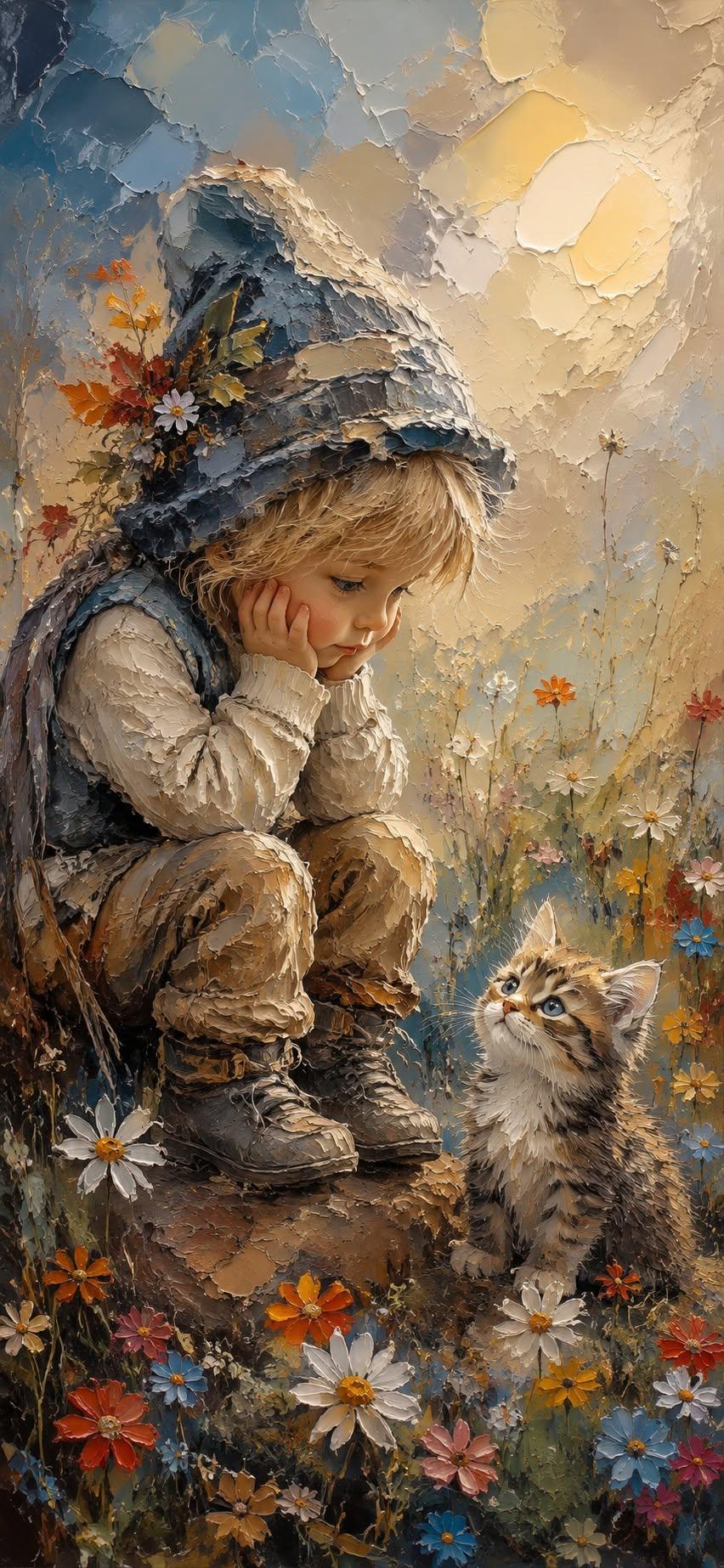 Realistic Child and Kitten Art Wallpaper