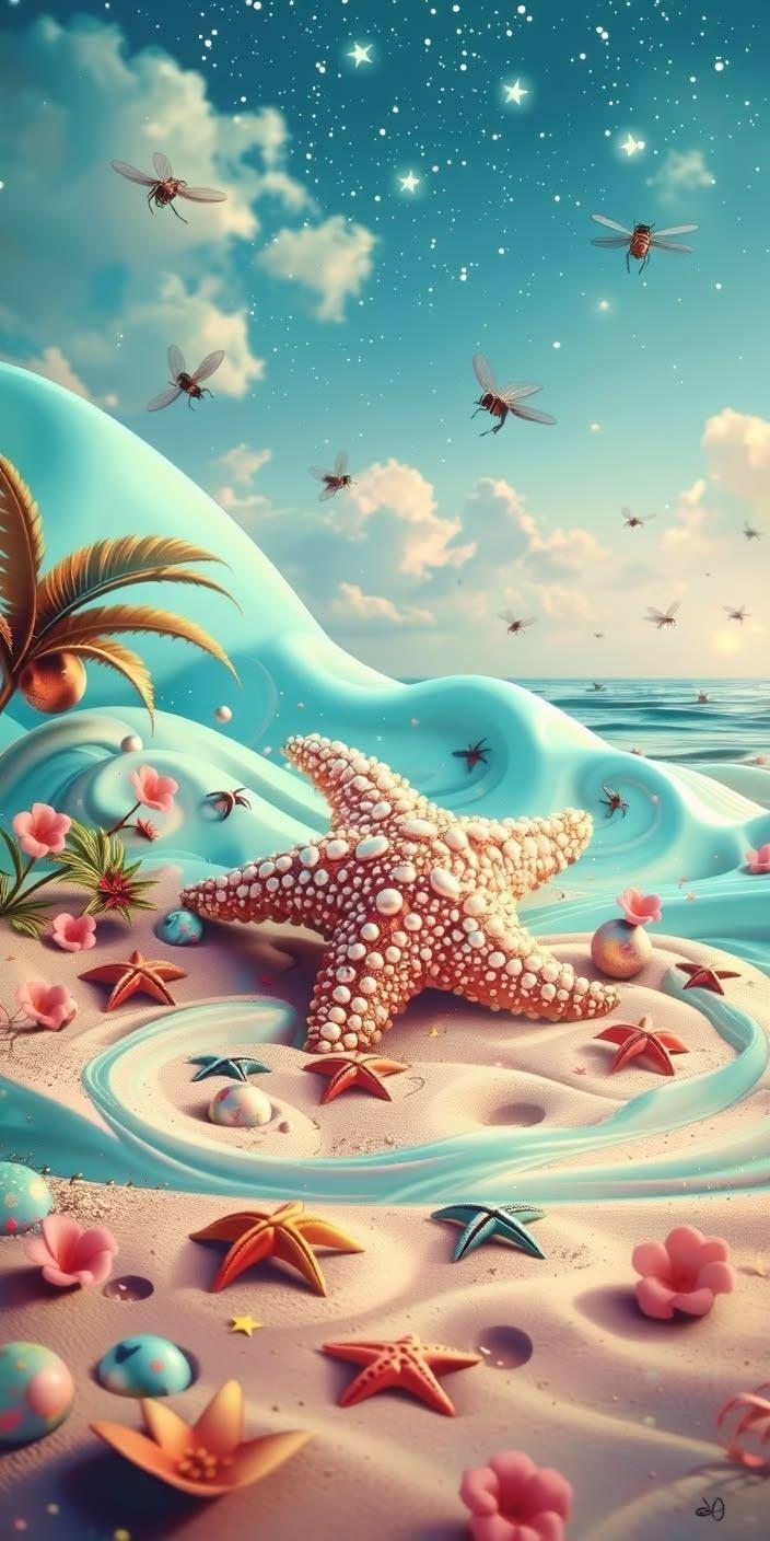 Soft Blue Waves and Starfish Wallpaper