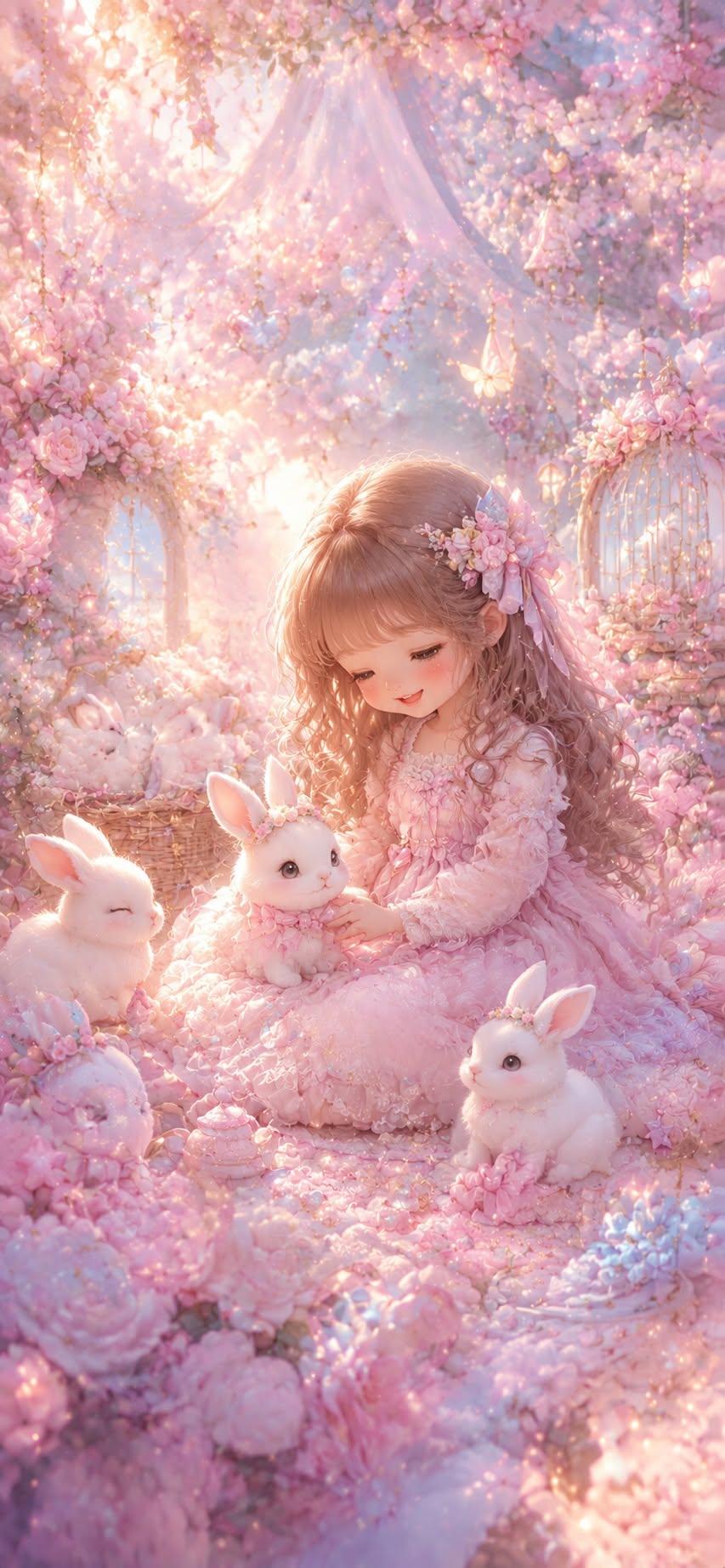 Enchanted Pink Bunny Garden Wallpaper