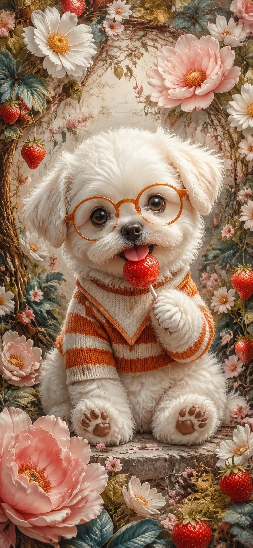 Adorable Strawberry Puppy Garden Wallpaper