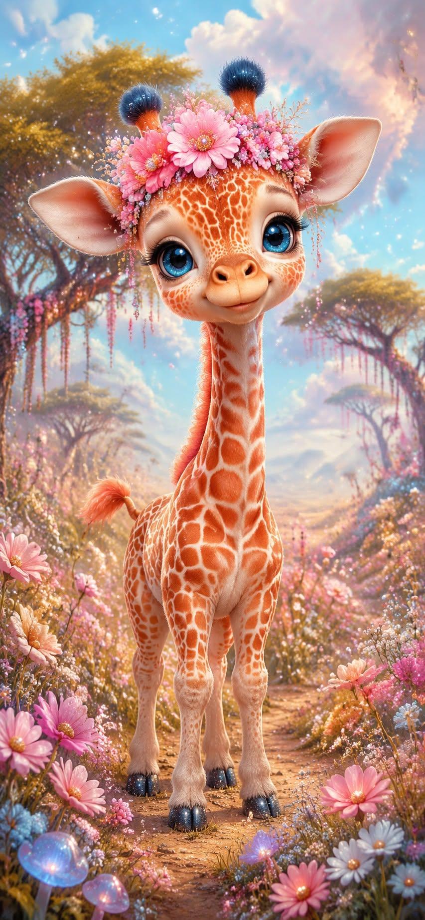 Magical Baby Giraffe Flower Garden Wallpaper