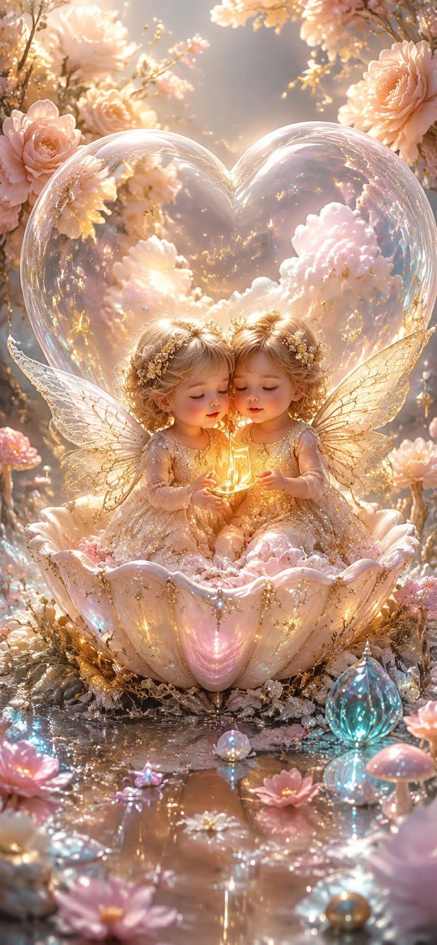Enchanted Fairy Twins Crystal Heart Wallpaper