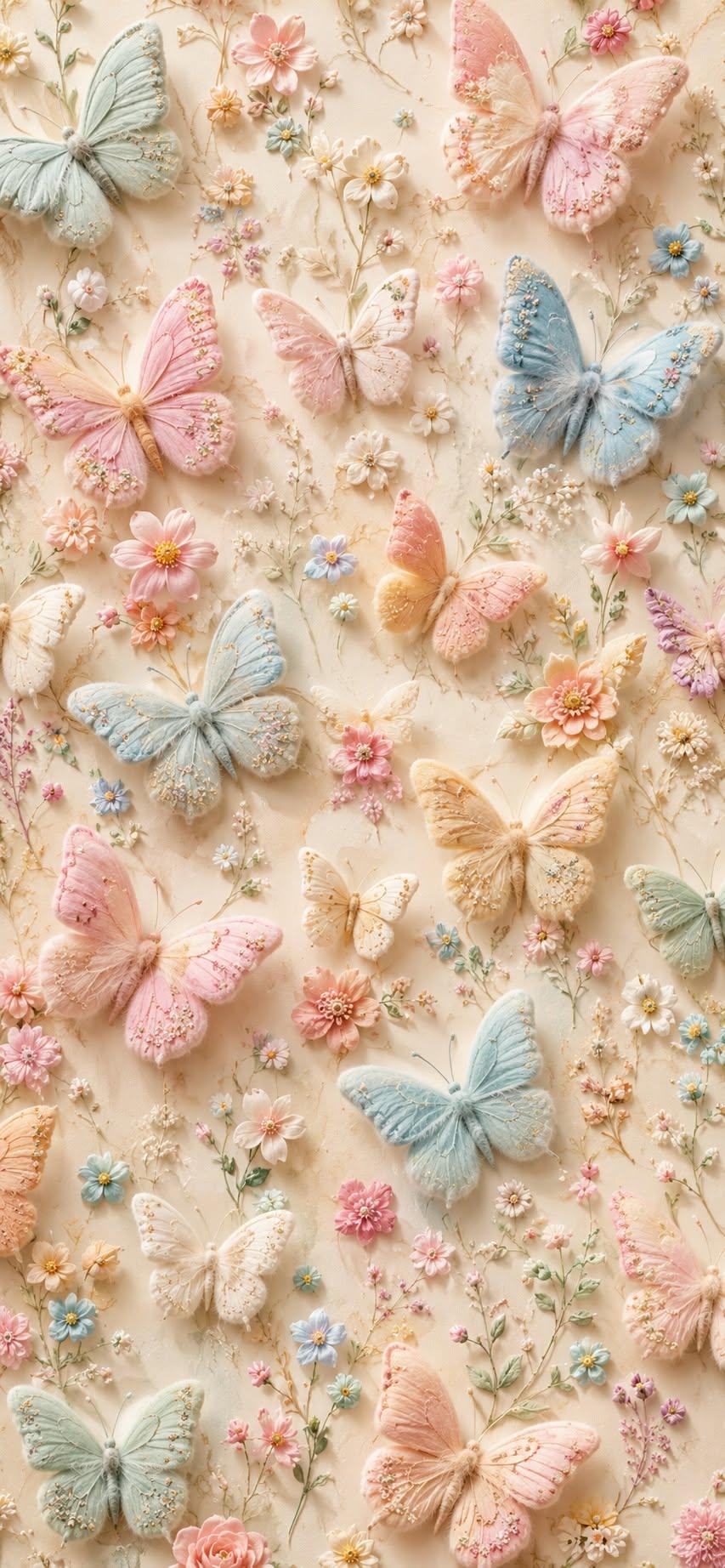 Pastel Floral and Felt Butterfly Wallpaper
