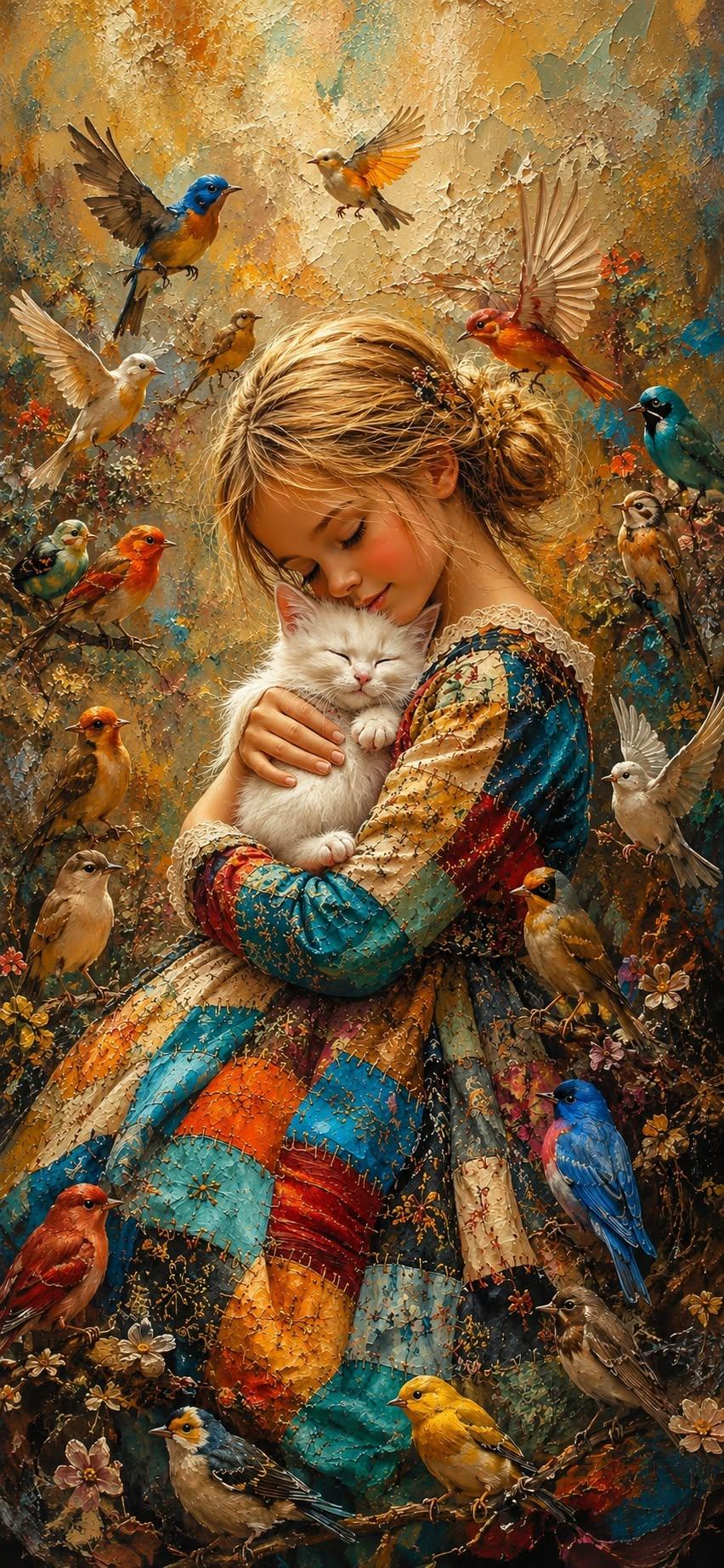 Dreamy Girl Hugging White Kitten Wallpaper for iPhone