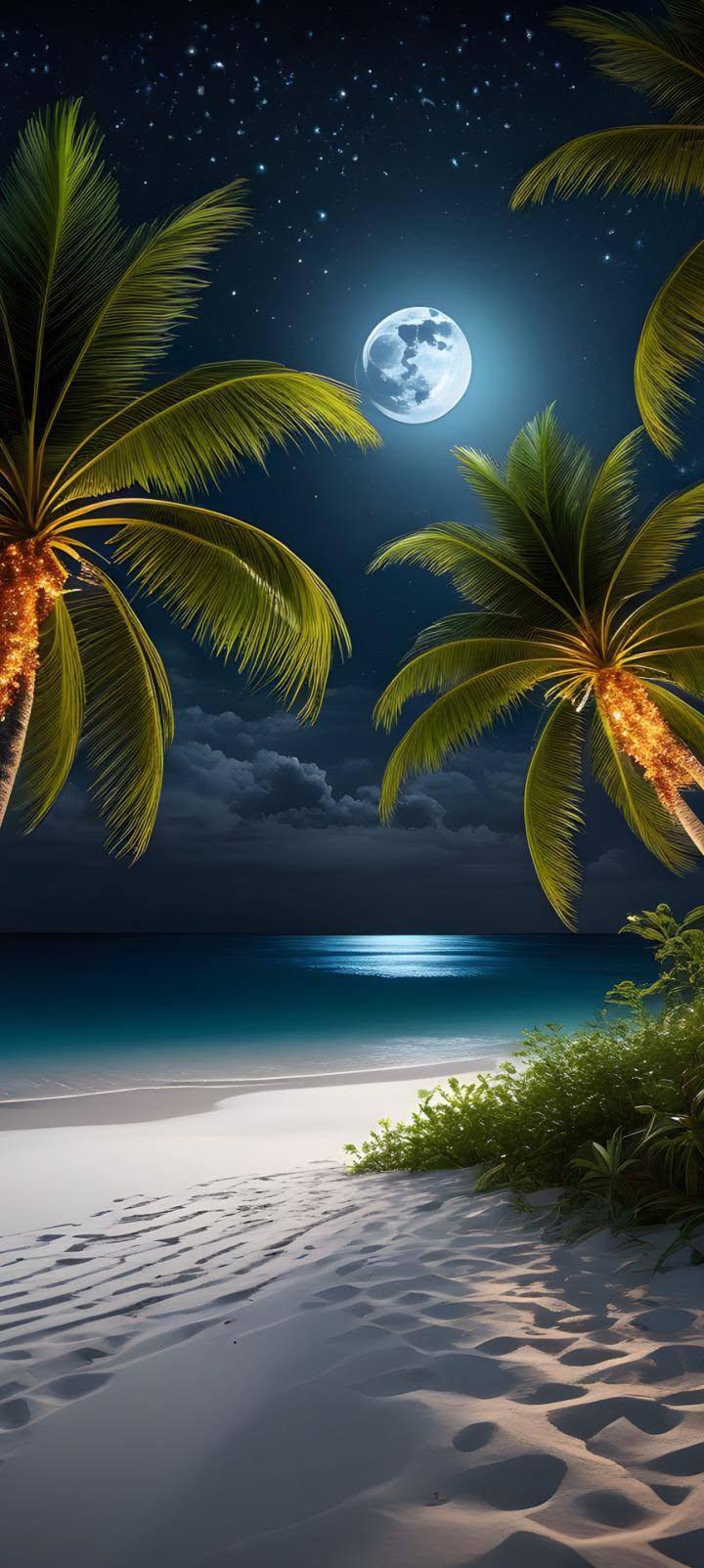 Moonlit Tropical Beach Wallpaper for iPhone