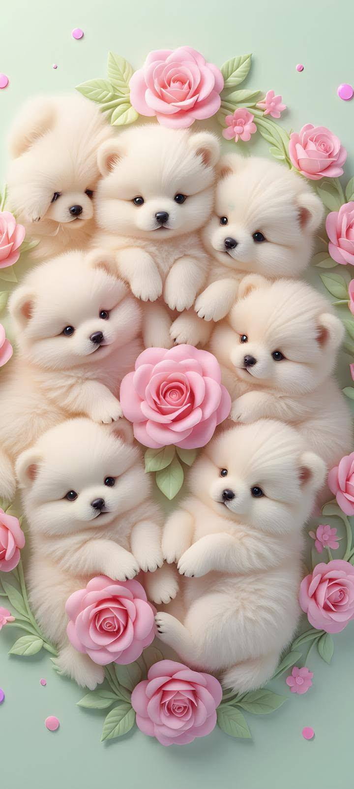 Cute White Puppy Rose Garden Wallpaper for iPhone