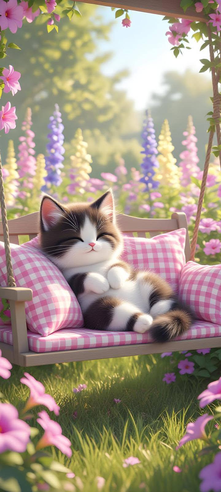 Cute Cat Garden Swing Wallpaper for iPhone