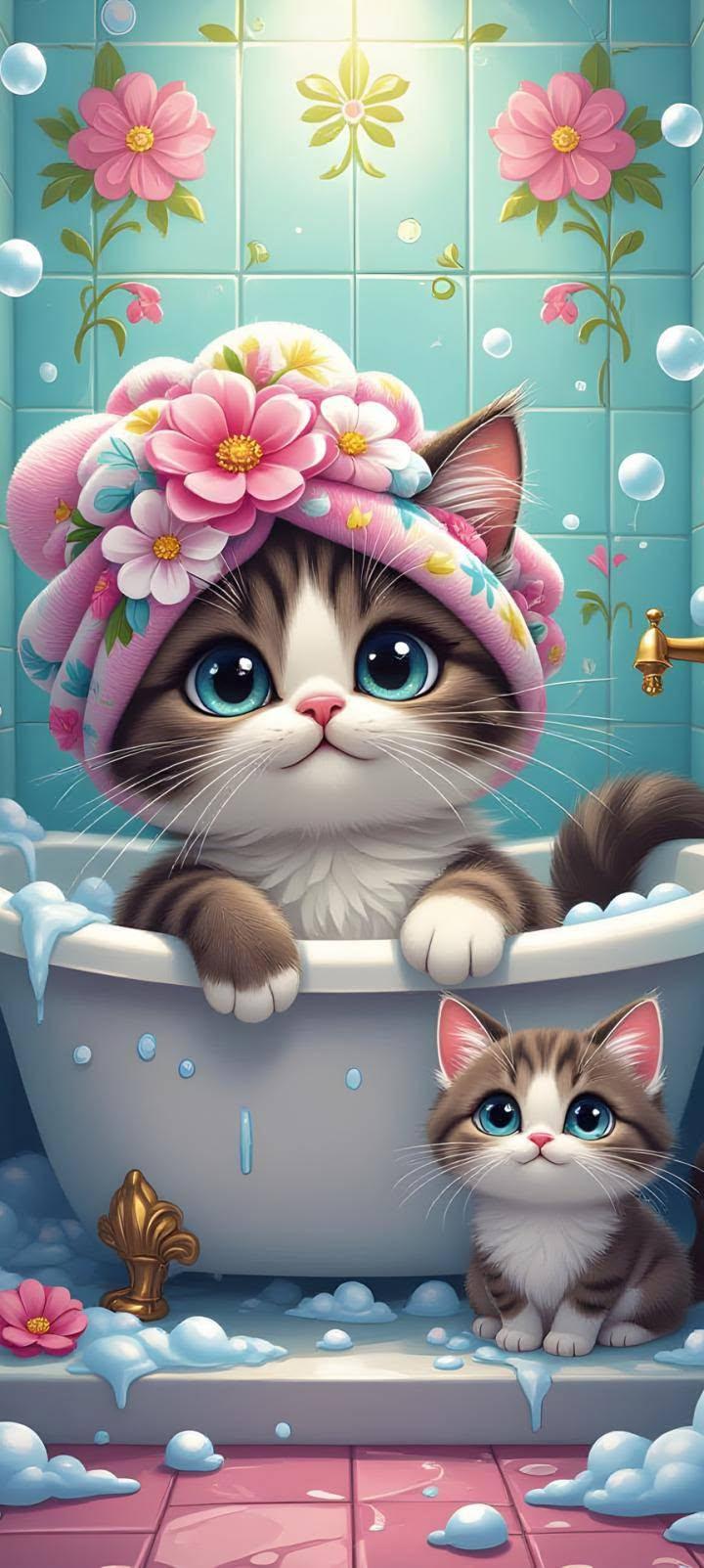 Cute Bath Time Kittens Floral Wallpaper