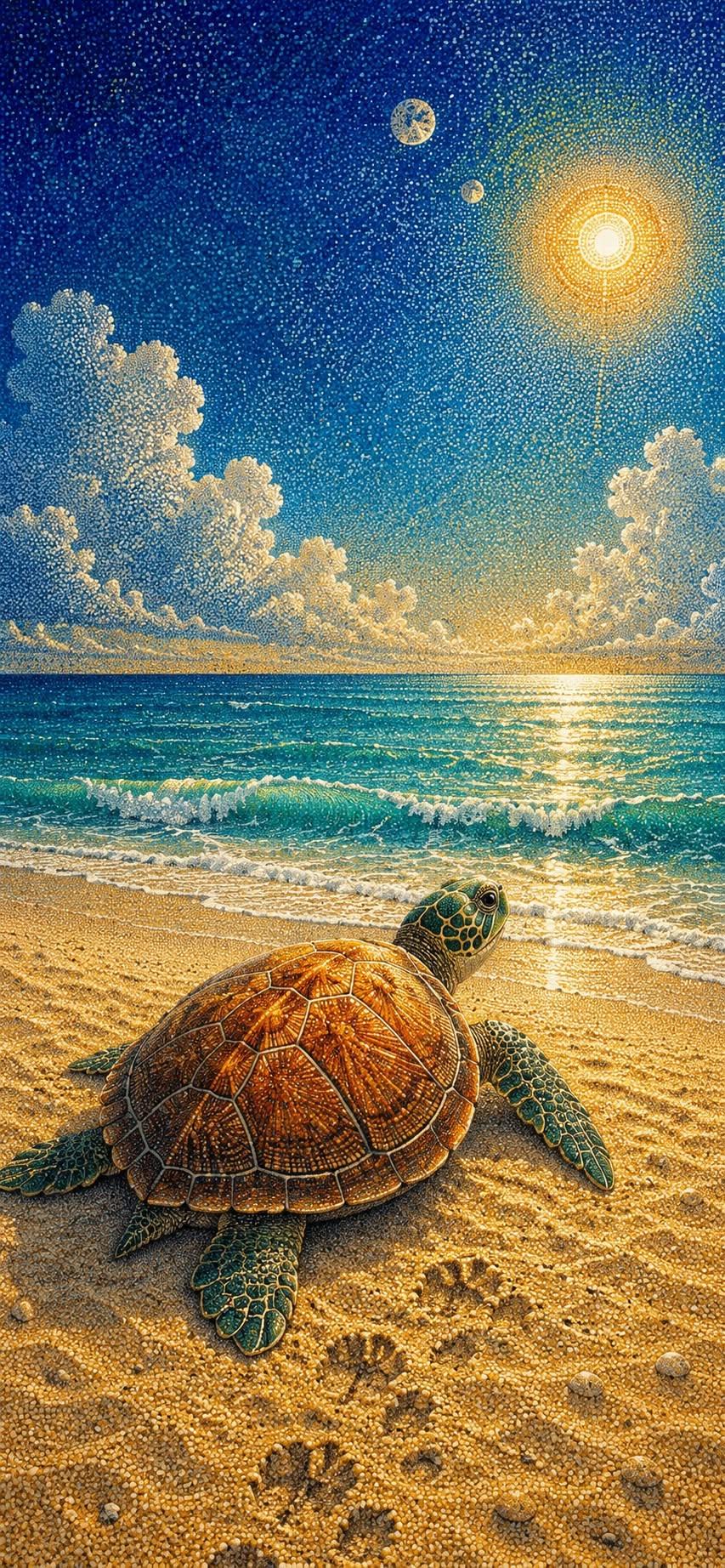 **Celestial Sea Turtle Pointillism Beach Wallpaper**