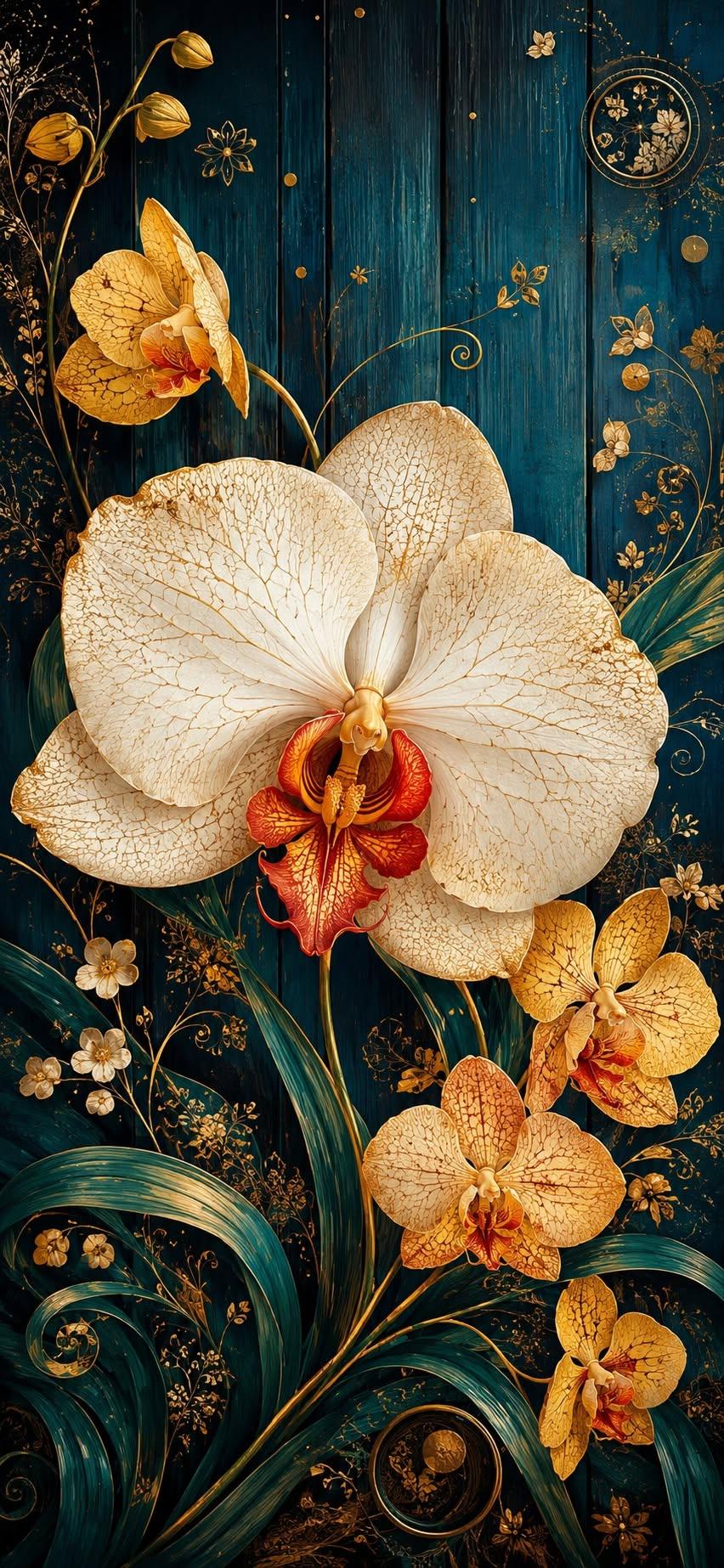Luxury White Orchid Art Nouveau Wallpaper