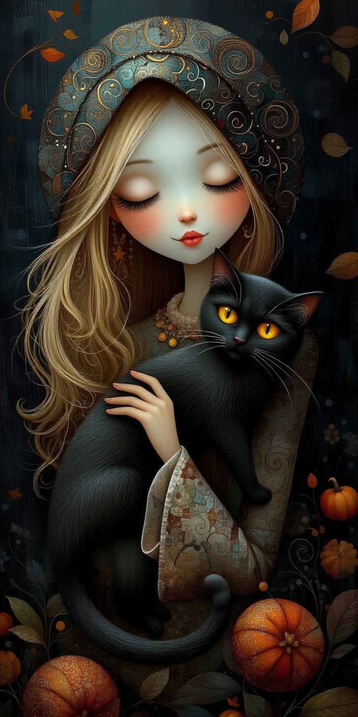 Autumn Enchantment – Mystic Girl & Black Cat 4K Wallpaper