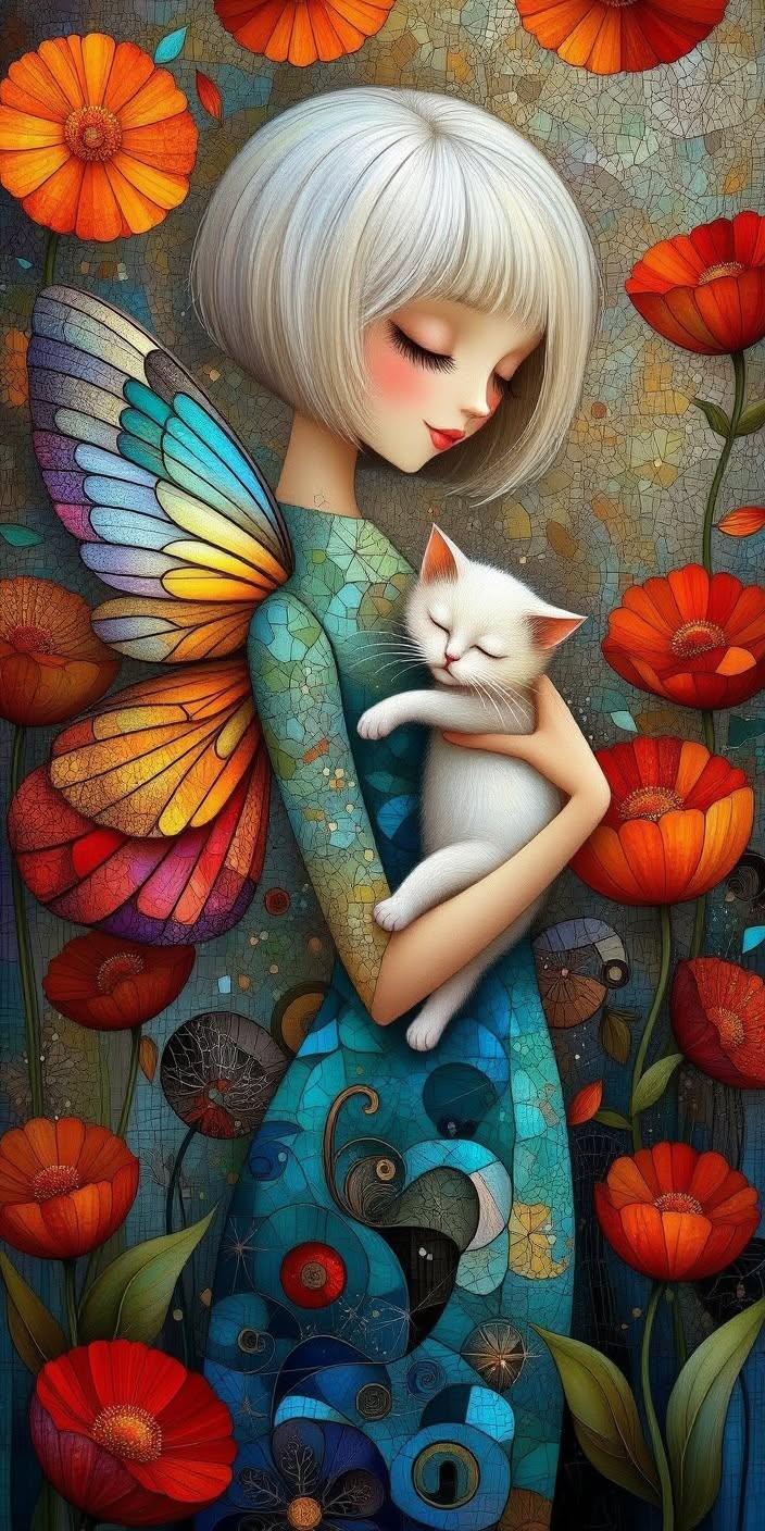 Butterfly Dreams – Fairy Girl & White Kitten 4K Wallpaper