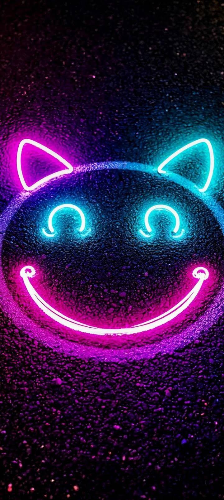 Neon Cat Smiley Wallpaper – Pink Blue Glow Phone Background