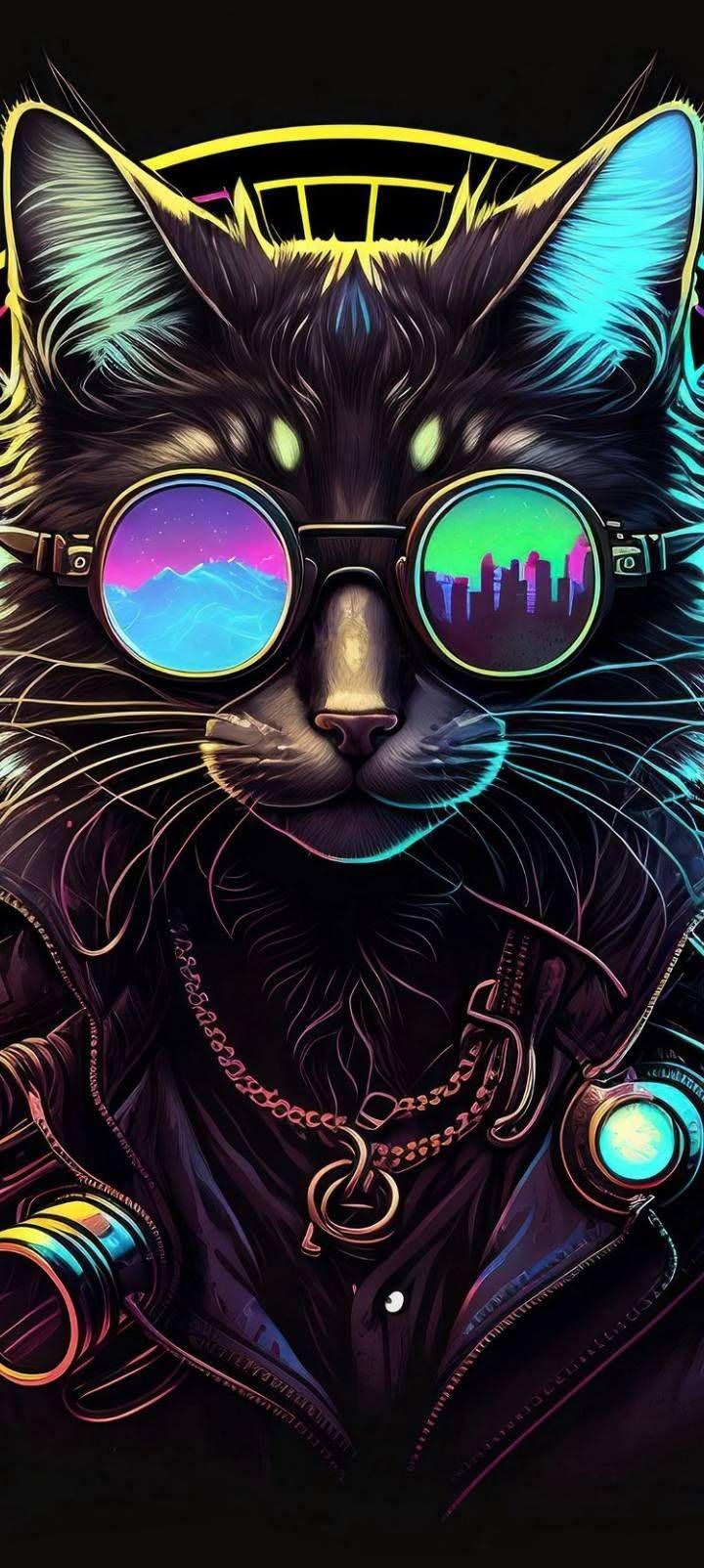 Cyberpunk Black Cat Wallpaper – Neon Futuristic Phone Background