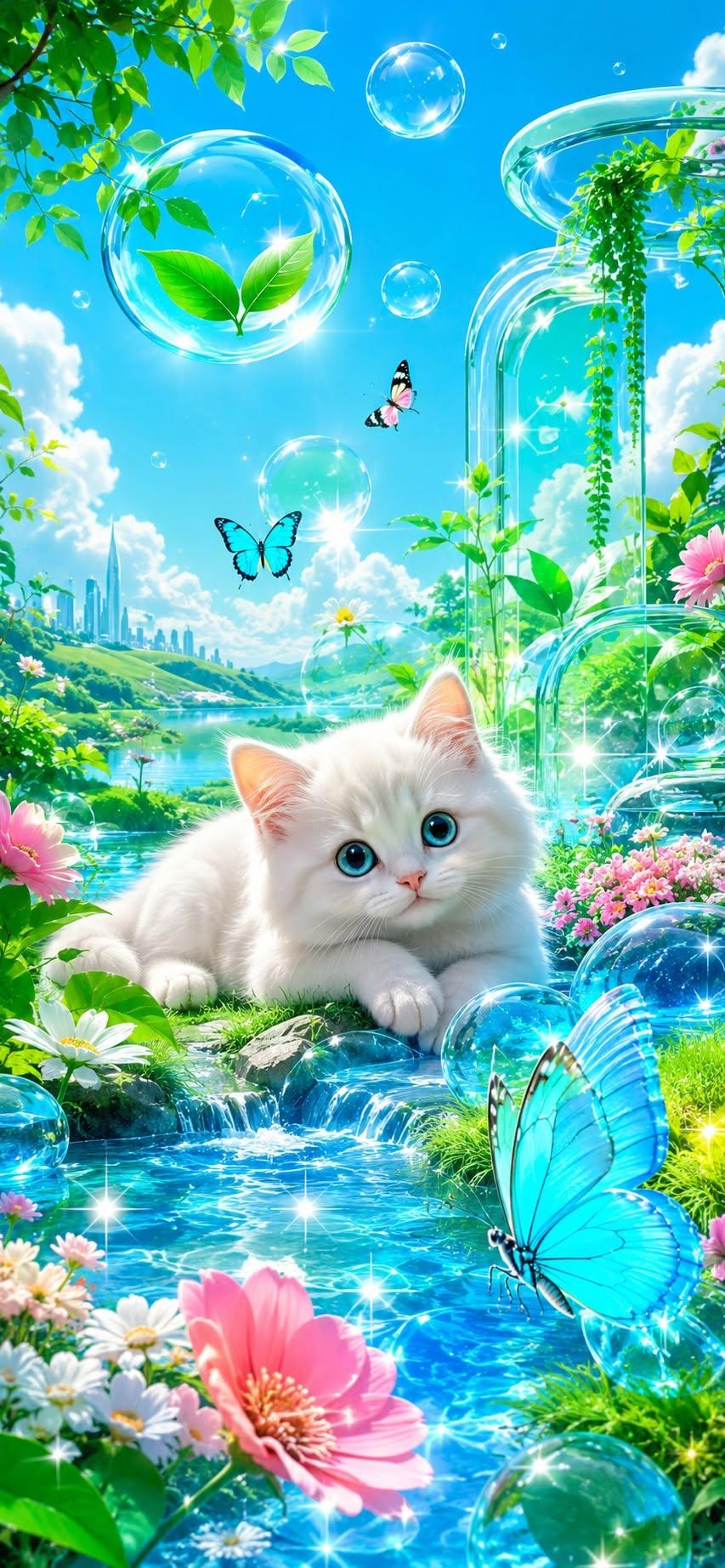 White cat by a sparkling blue stream with butterflies and flowers.