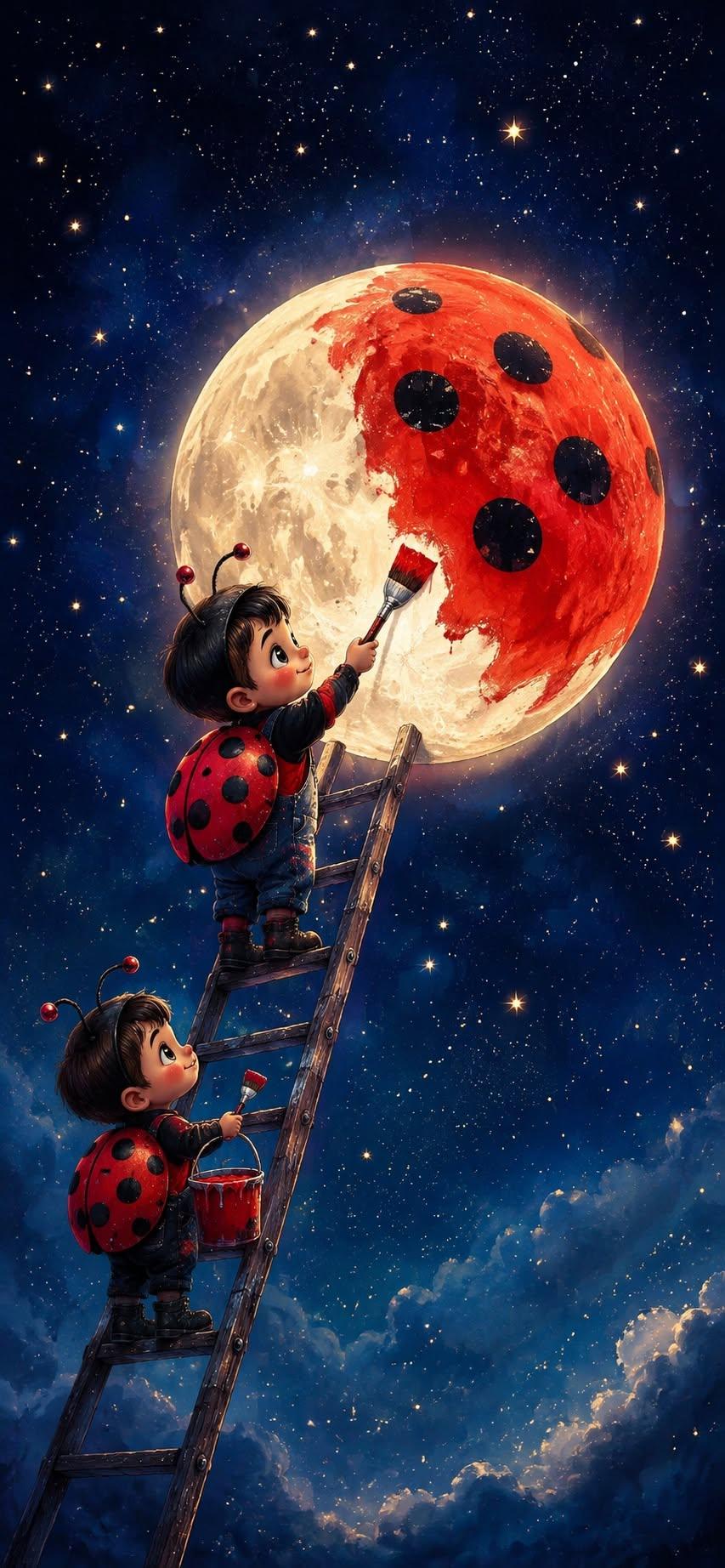 Cute Ladybug Kids Moon Wallpaper