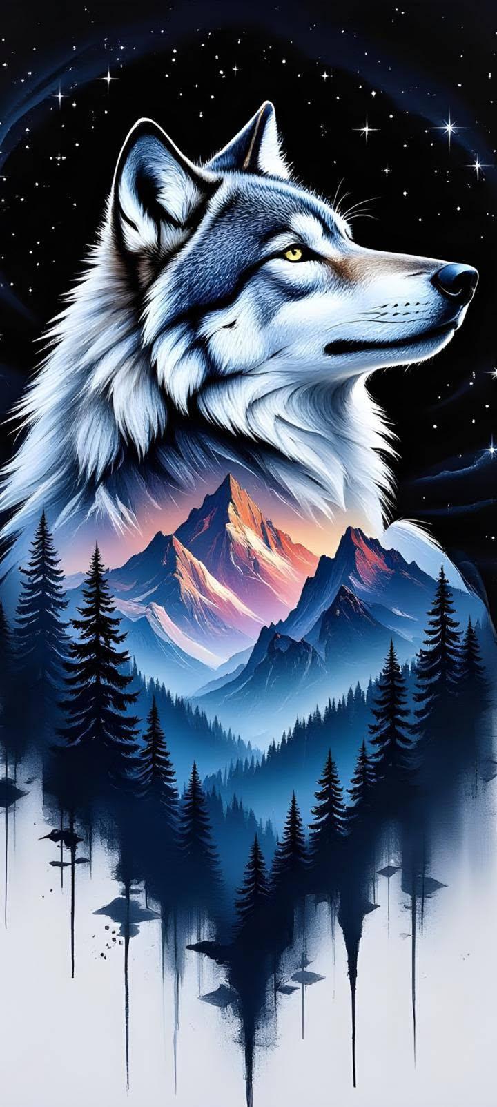 Wolf Mountain Double Exposure Wallpaper
