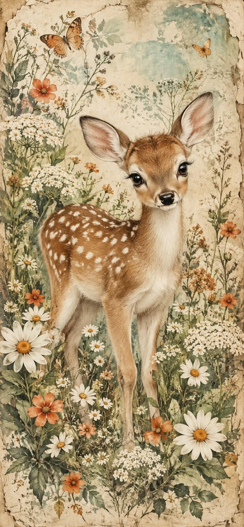 Vintage Fawn Wildflower Garden Wallpaper