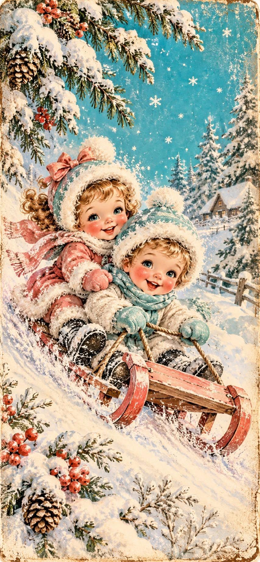 Vintage Christmas Sledding Children Wallpaper