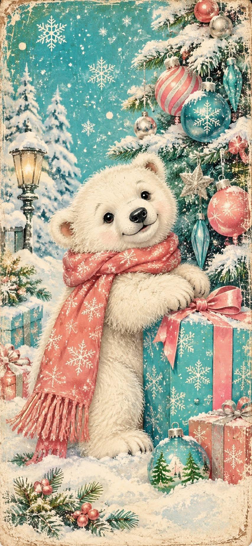 Cute Vintage Polar Bear Christmas Wallpaper