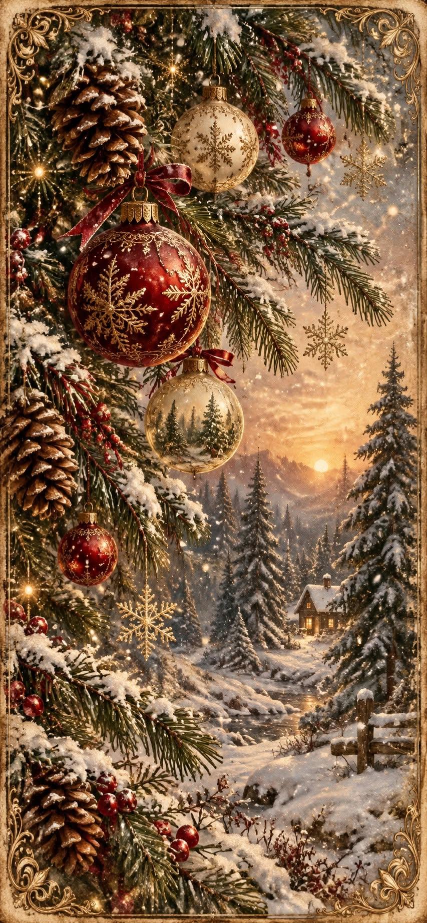 Vintage Christmas Ornaments Forest Wallpaper