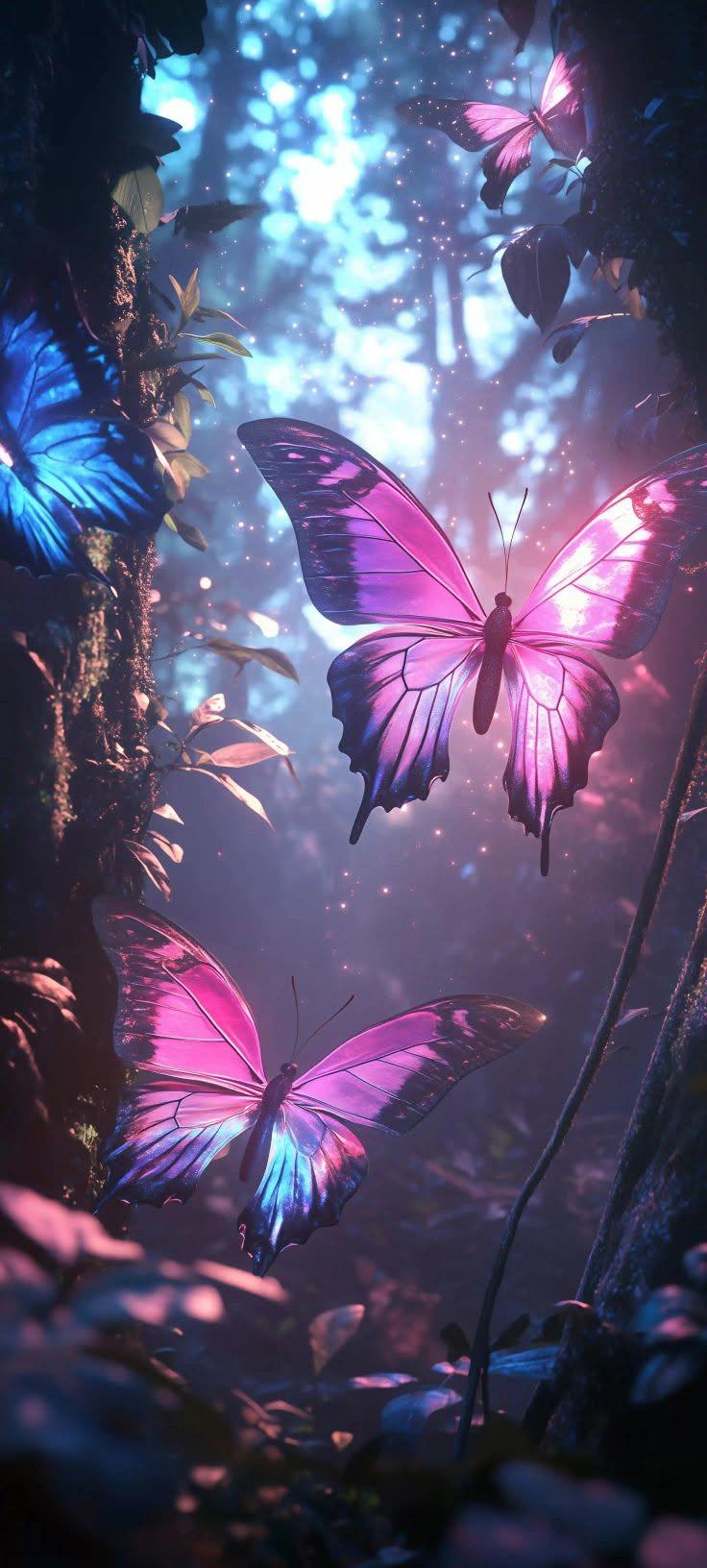 Glowing Butterfly Forest Wallpaper