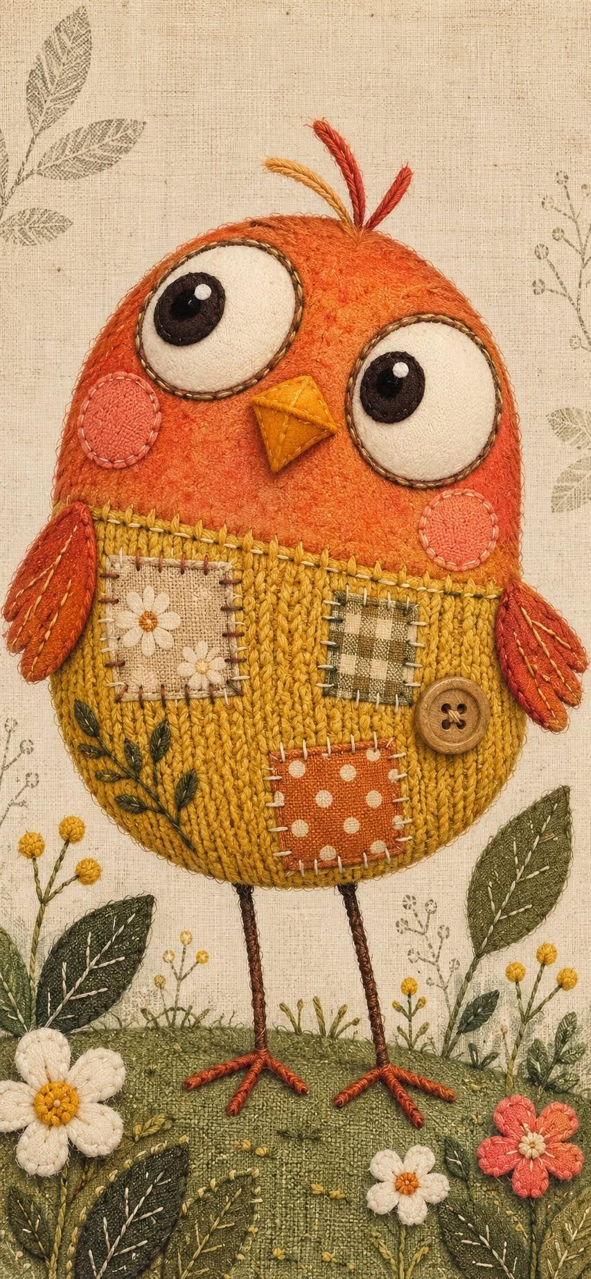 Cute Orange Patchwork Bird Wallpaper