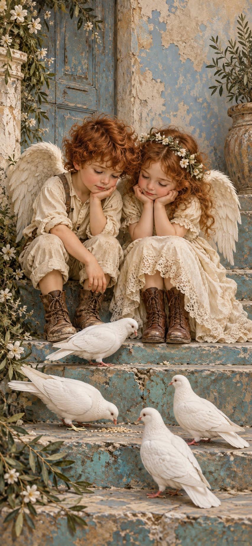 Little Angels and White Doves Wallpaper