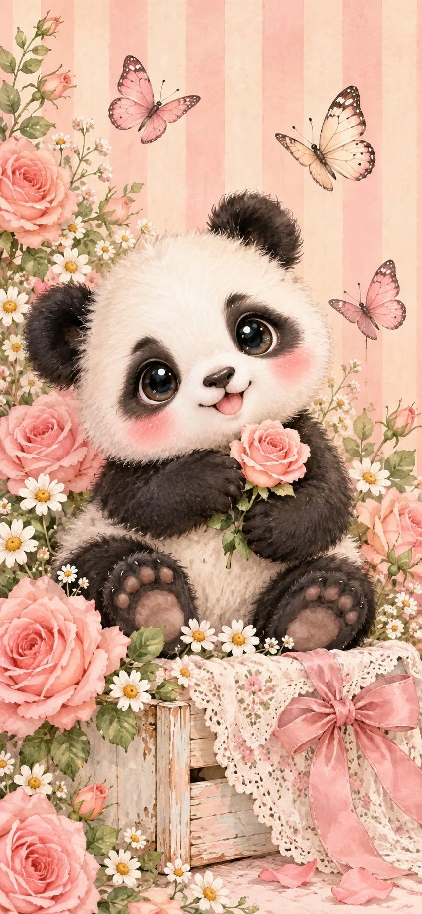 Baby Panda with Pink Roses Wallpaper