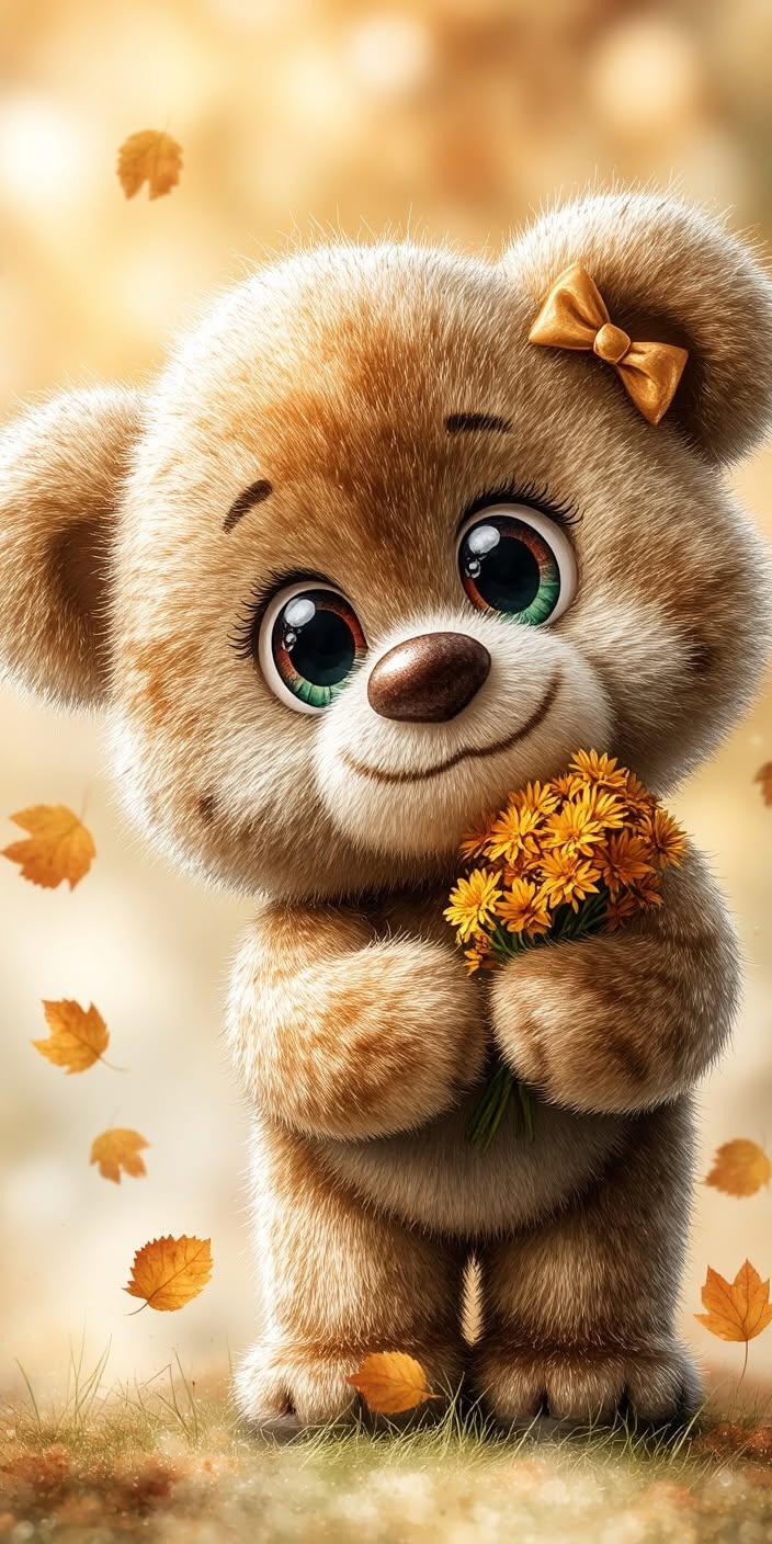 Cute Teddy Bear Autumn Wallpaper with Yellow Flowers