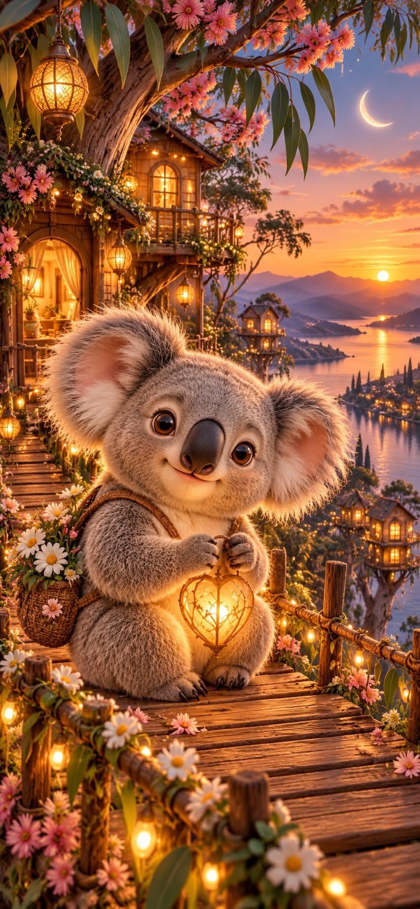 Cute Koala Treehouse Wallpaper with Glowing Lanterns at Sunset