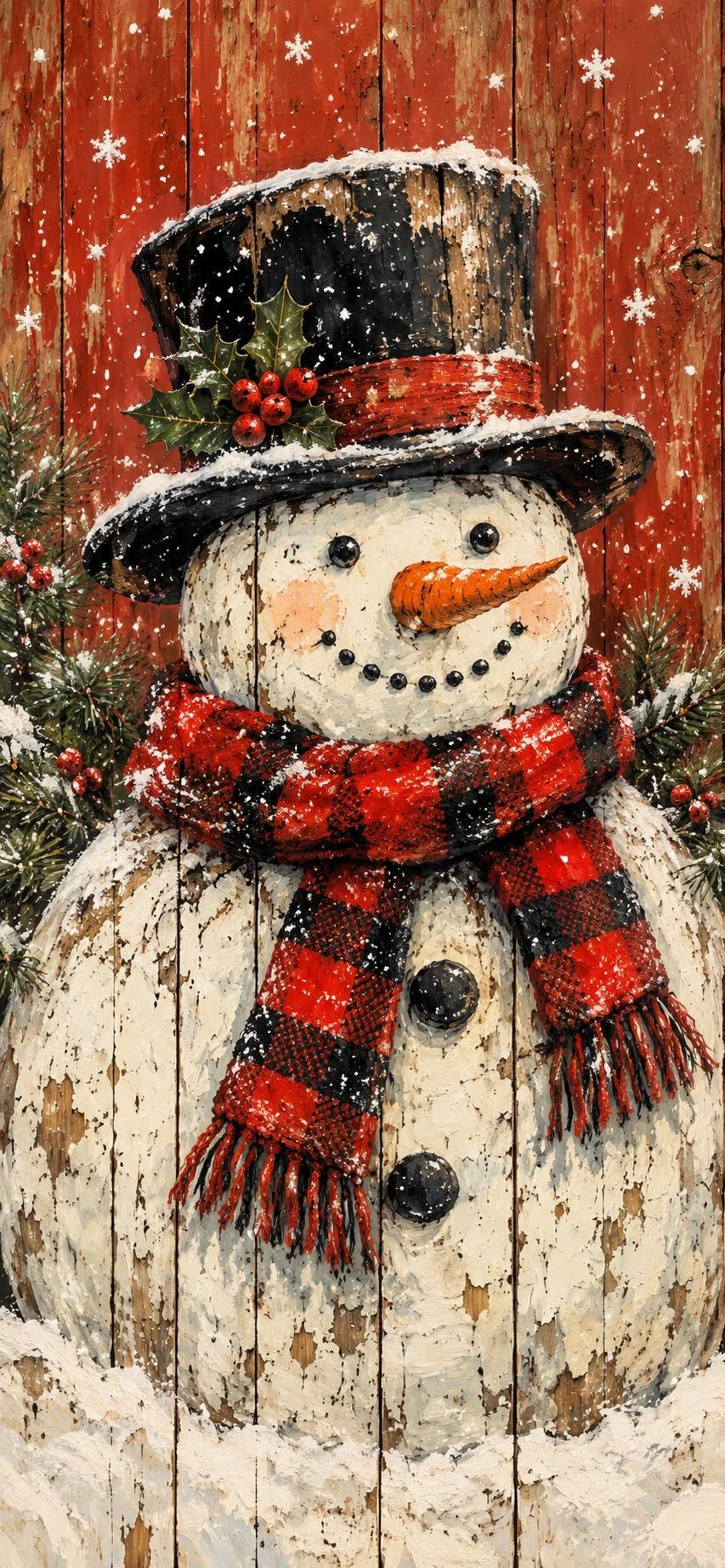 Rustic Snowman Christmas Wallpaper with Red Plaid Scarf