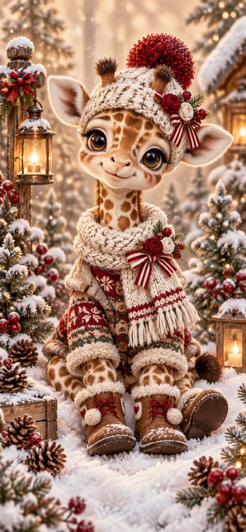 Cute Baby Giraffe Christmas Wallpaper in Cozy Winter Outfit