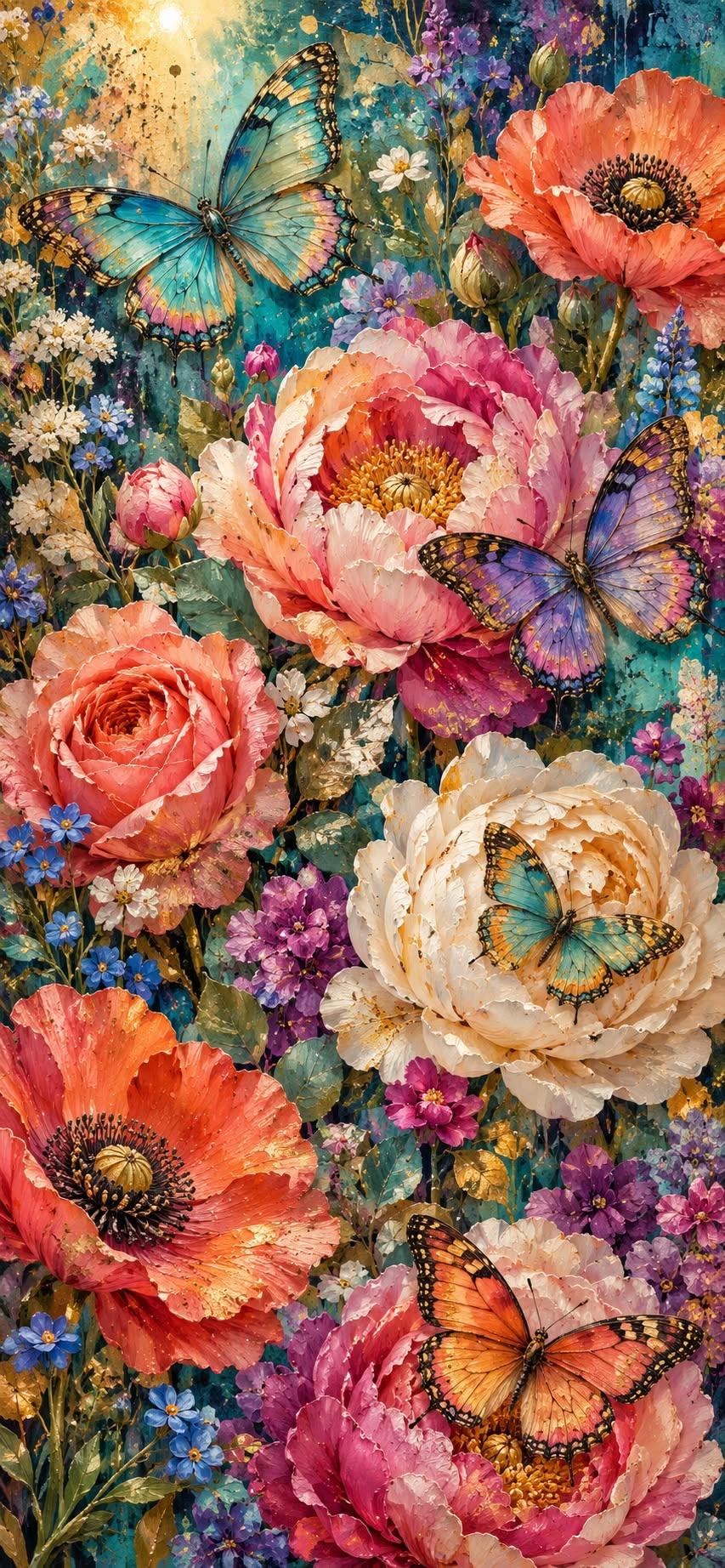 Colorful Butterfly Wallpaper with Peonies and Poppies