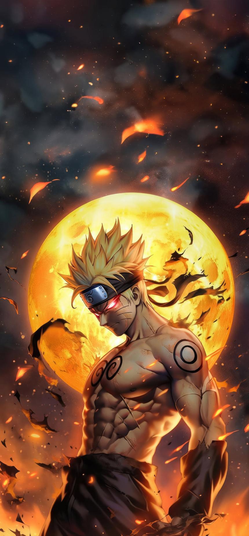Dark Naruto Wallpaper with Glowing Golden Moon and Embers