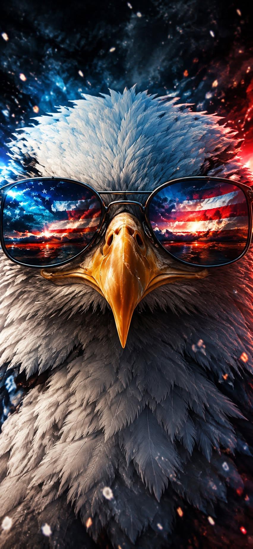 Eagle Wearing Sunglasses 4K Wallpaper – Patriotic Red & Blue Cinematic Art