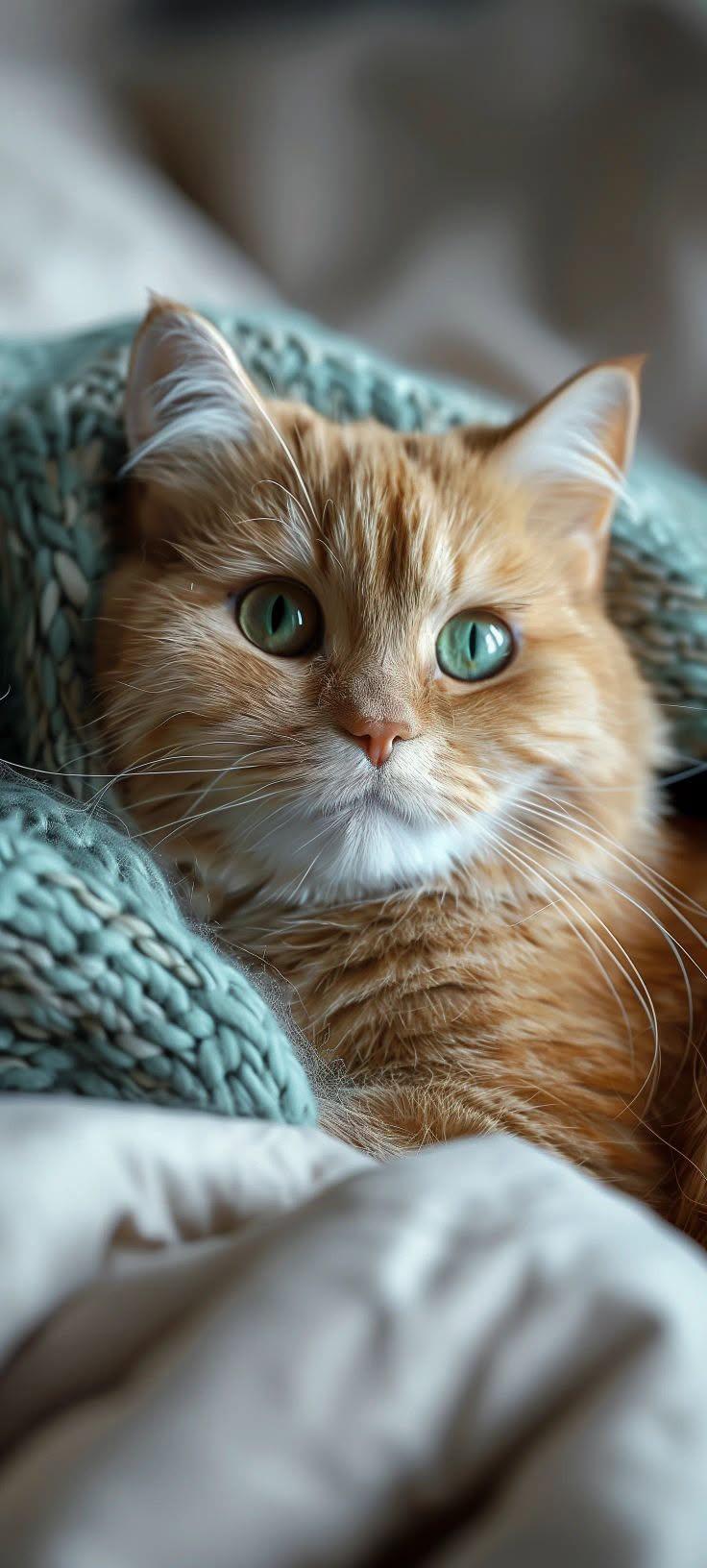 Cute Ginger Cat Wallpaper with Green Eyes and Teal Blanket