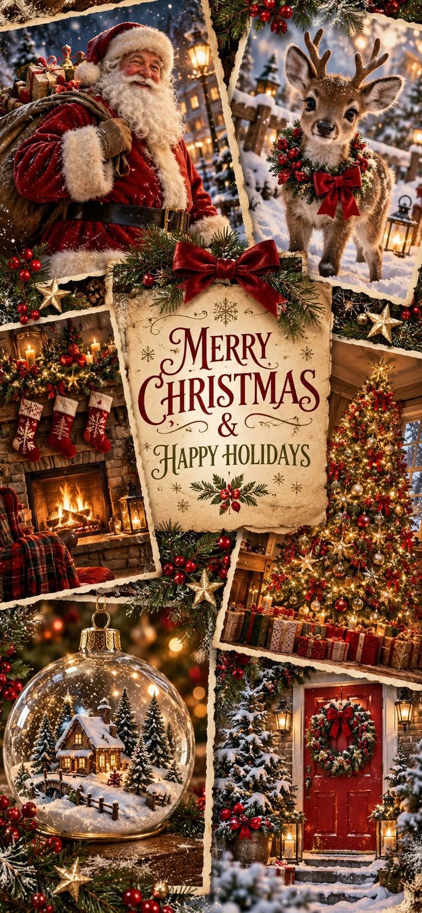 Vintage Merry Christmas Collage Wallpaper with Santa and Reindeer