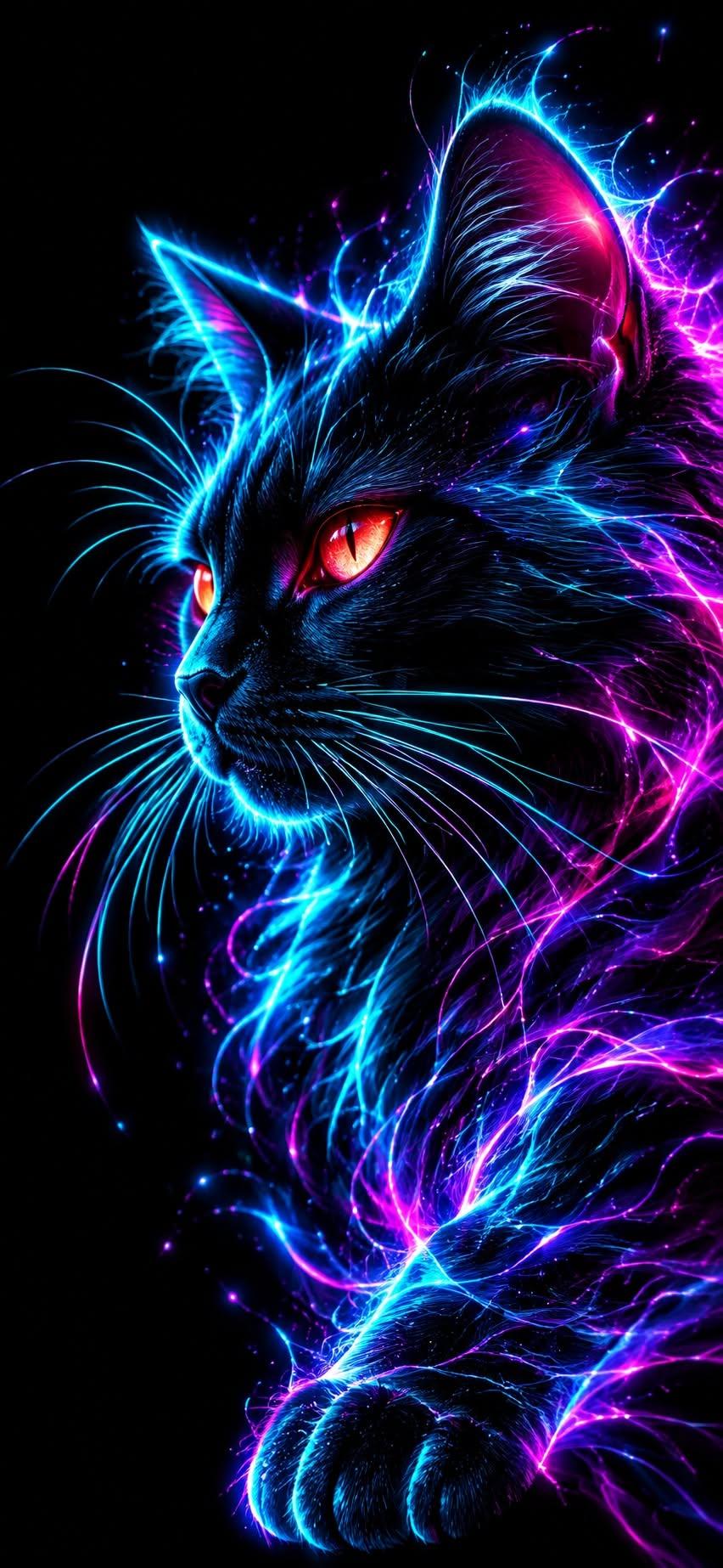 Neon Black Cat Wallpaper with Glowing Blue and Purple Lights