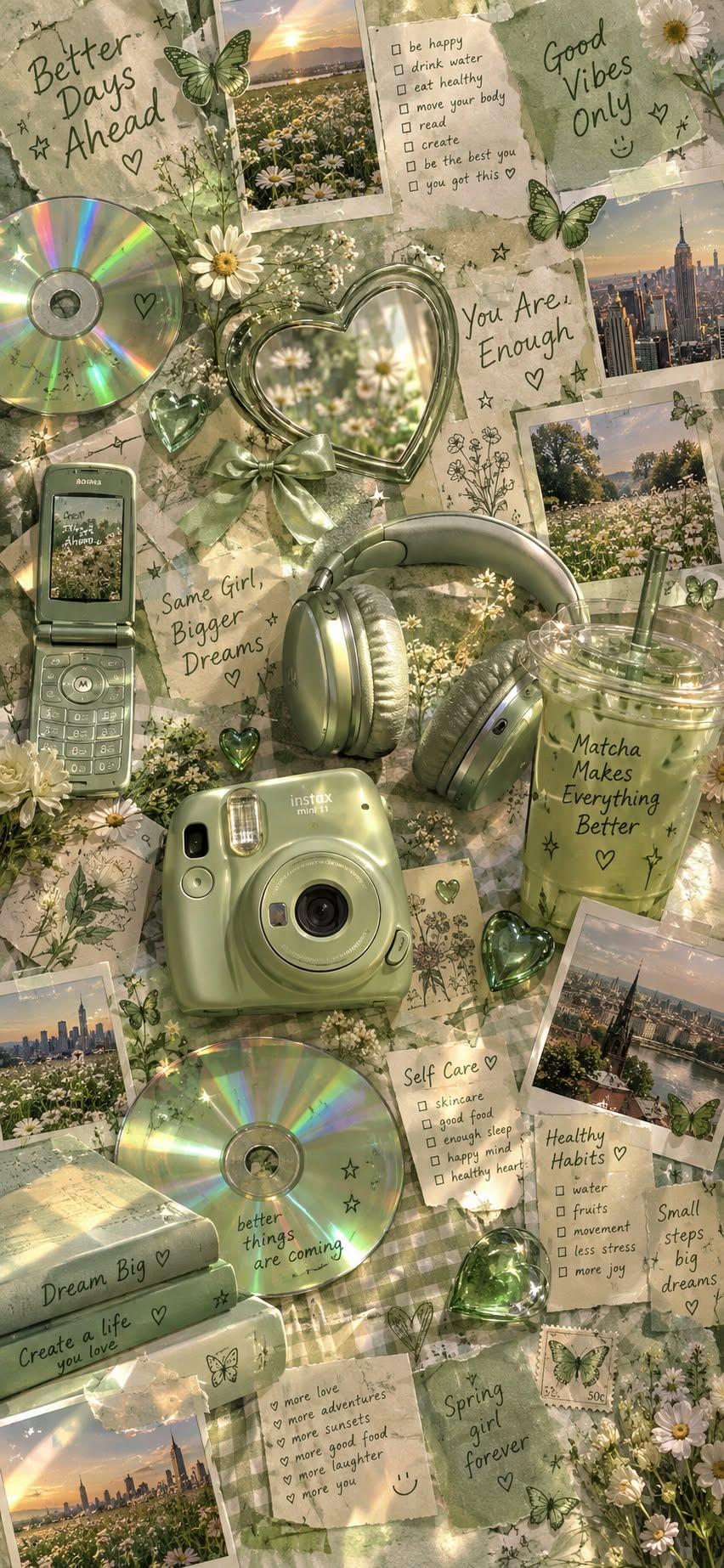 Sage Green Aesthetic Collage Wallpaper with Matcha and Polaroids