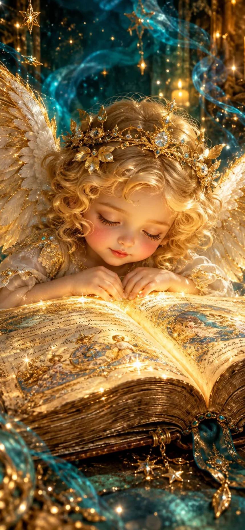 Sleeping Golden Angel Wallpaper with Magic Glowing Book